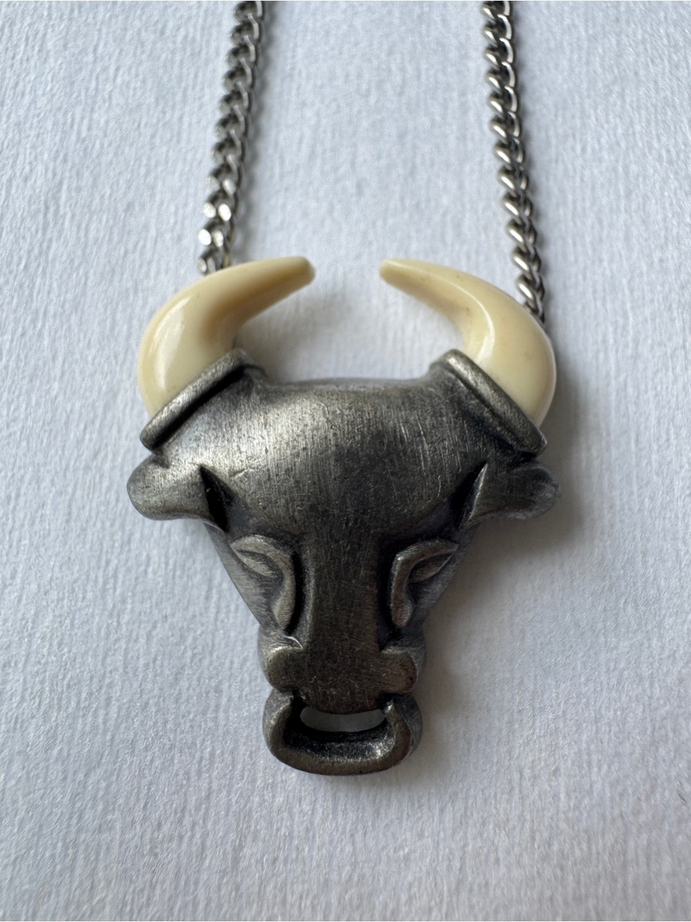 Avon Silver-Tone Bull Pendant Necklace with Cream Horns